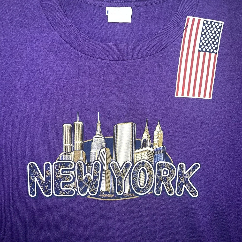 VTG JERZEES New York City T Shirt Mens 2XL XXL Purple Bubble Letters Skyline Tee